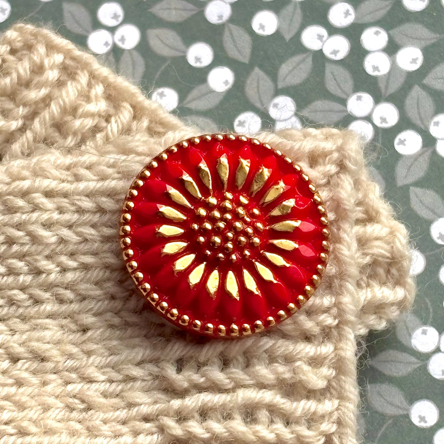 glasknap rød solsikke 22mm guld detaljer