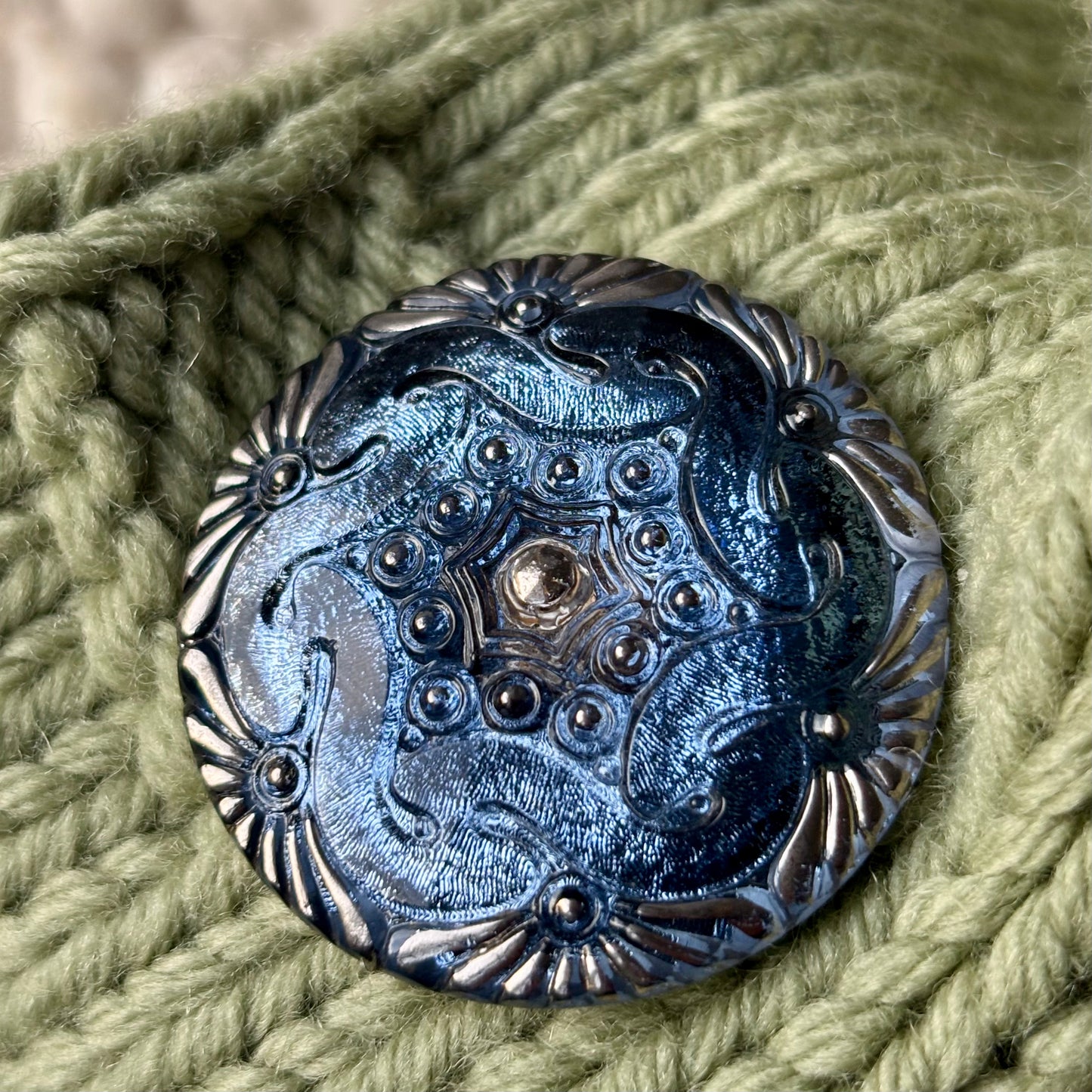 glasknap 42mm blå sølv 