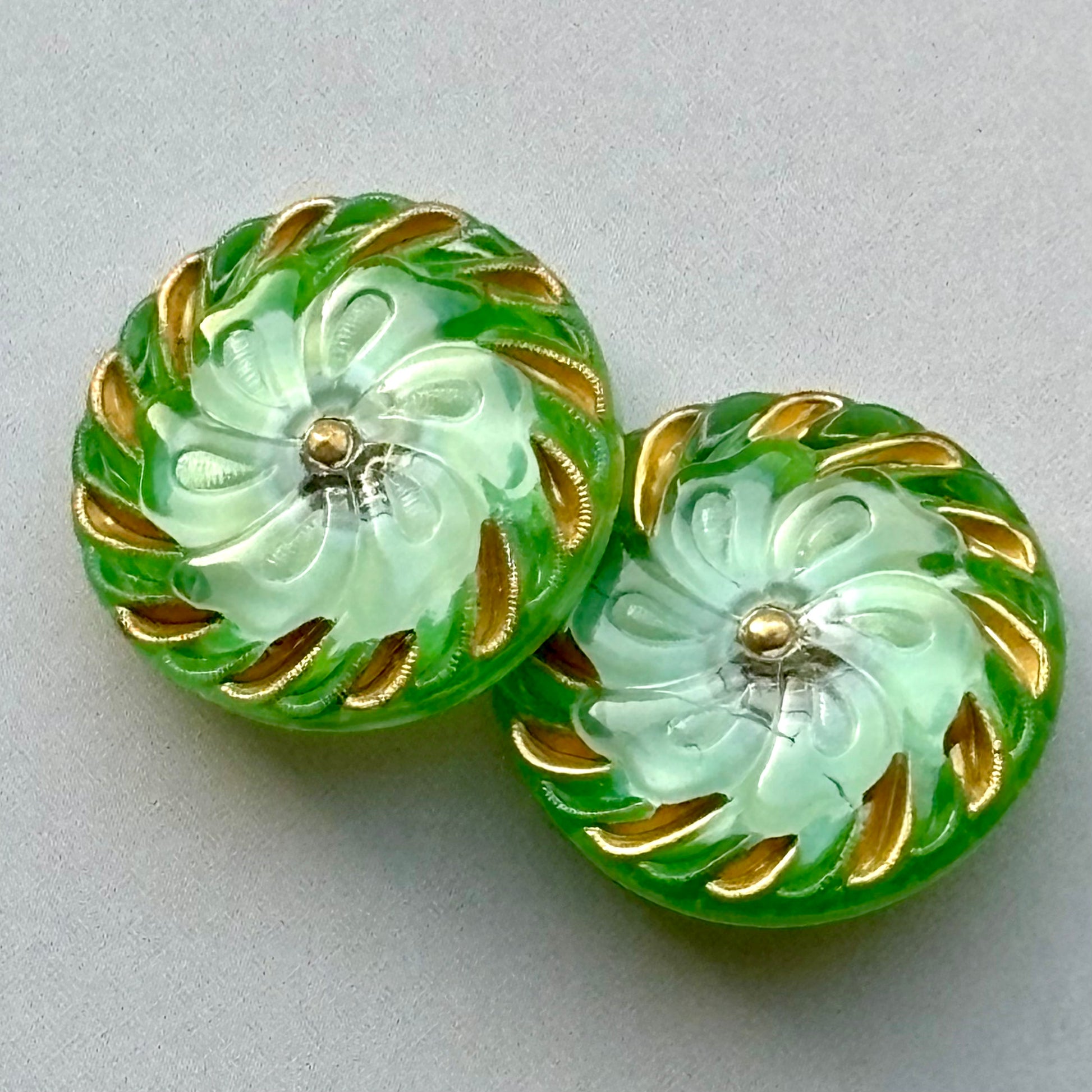 glasknap karrusel grøn, guld 22mm 