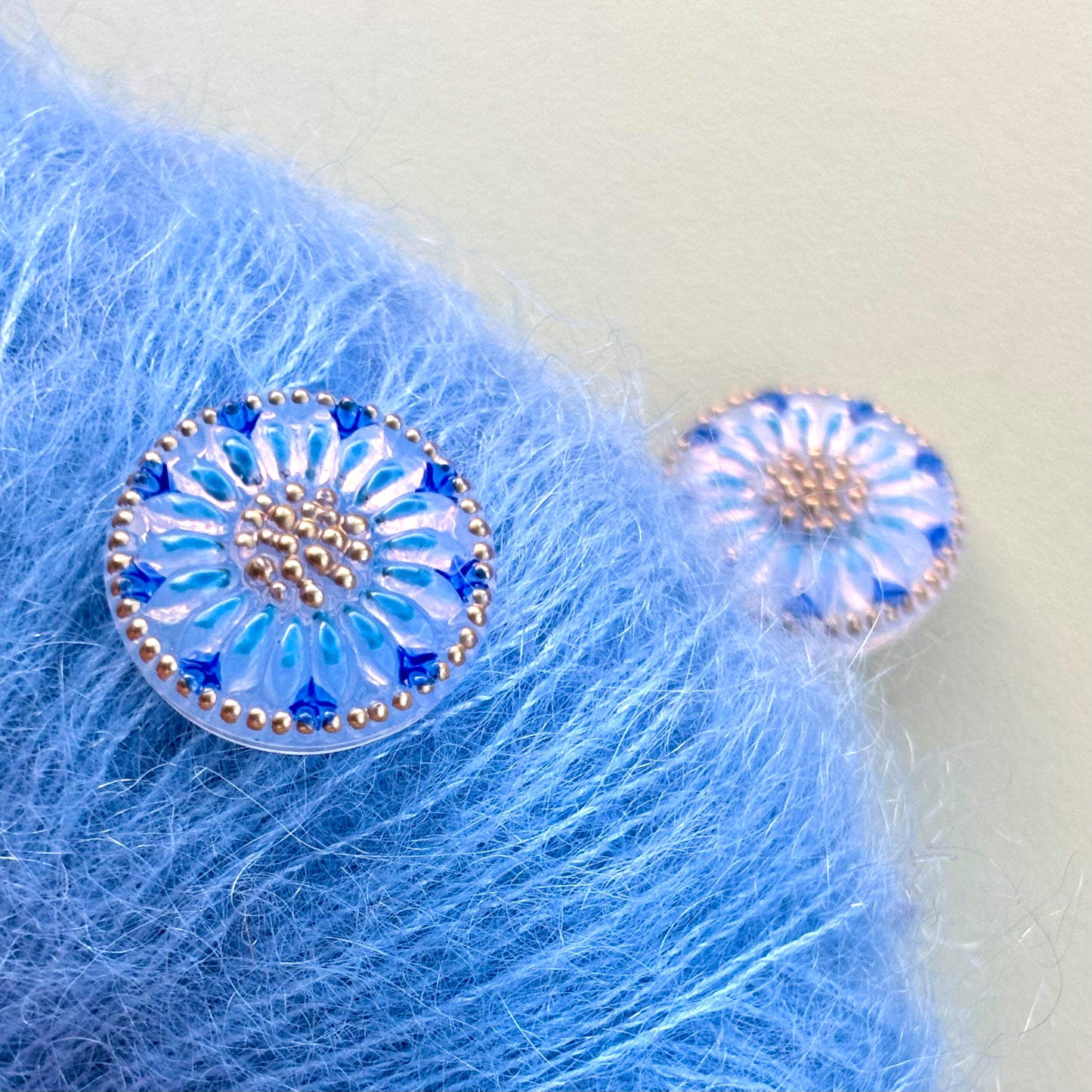 glasknap solsikke 18mm blå guld 