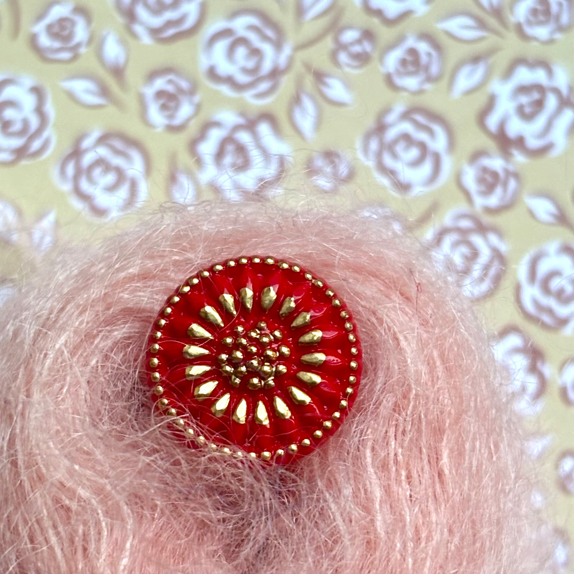 solsikke glasknap rød guld 18mm 