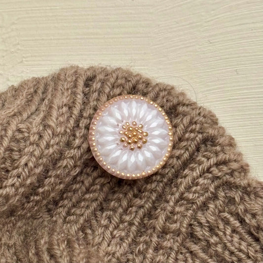 glasknap solsikke 18mm rosa perlemor guld prikker