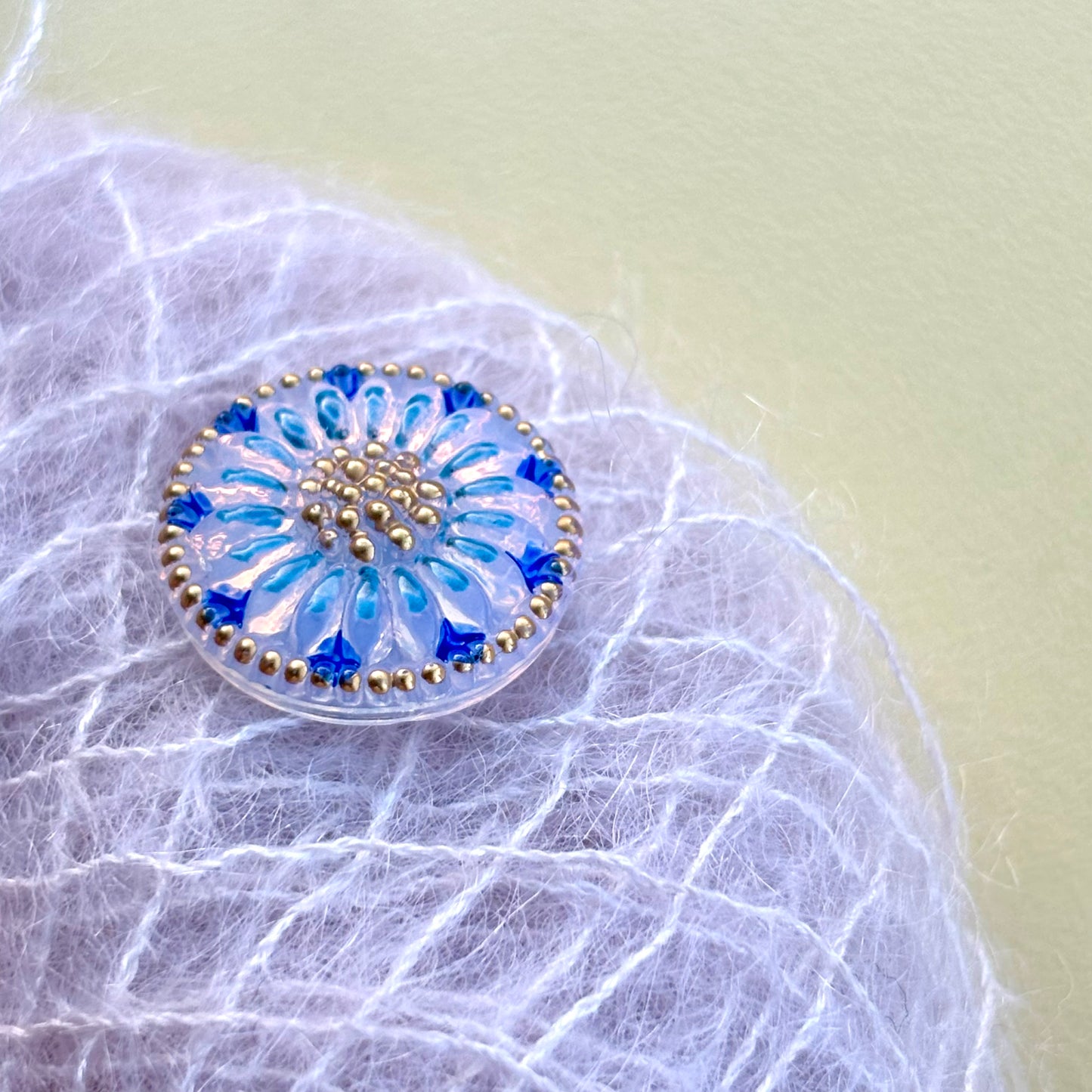 glasknap solsikke 18mm blå guld 