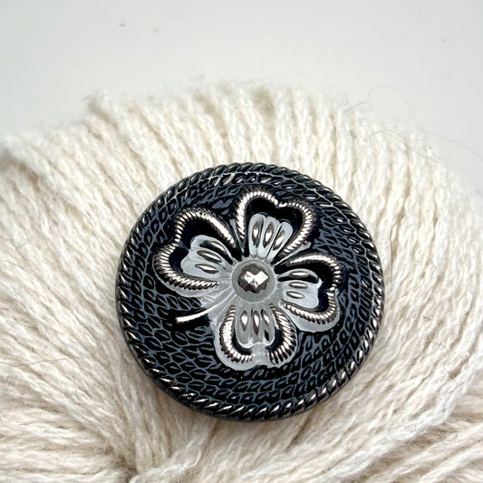 kløver glasknap 26mm sort sølv 