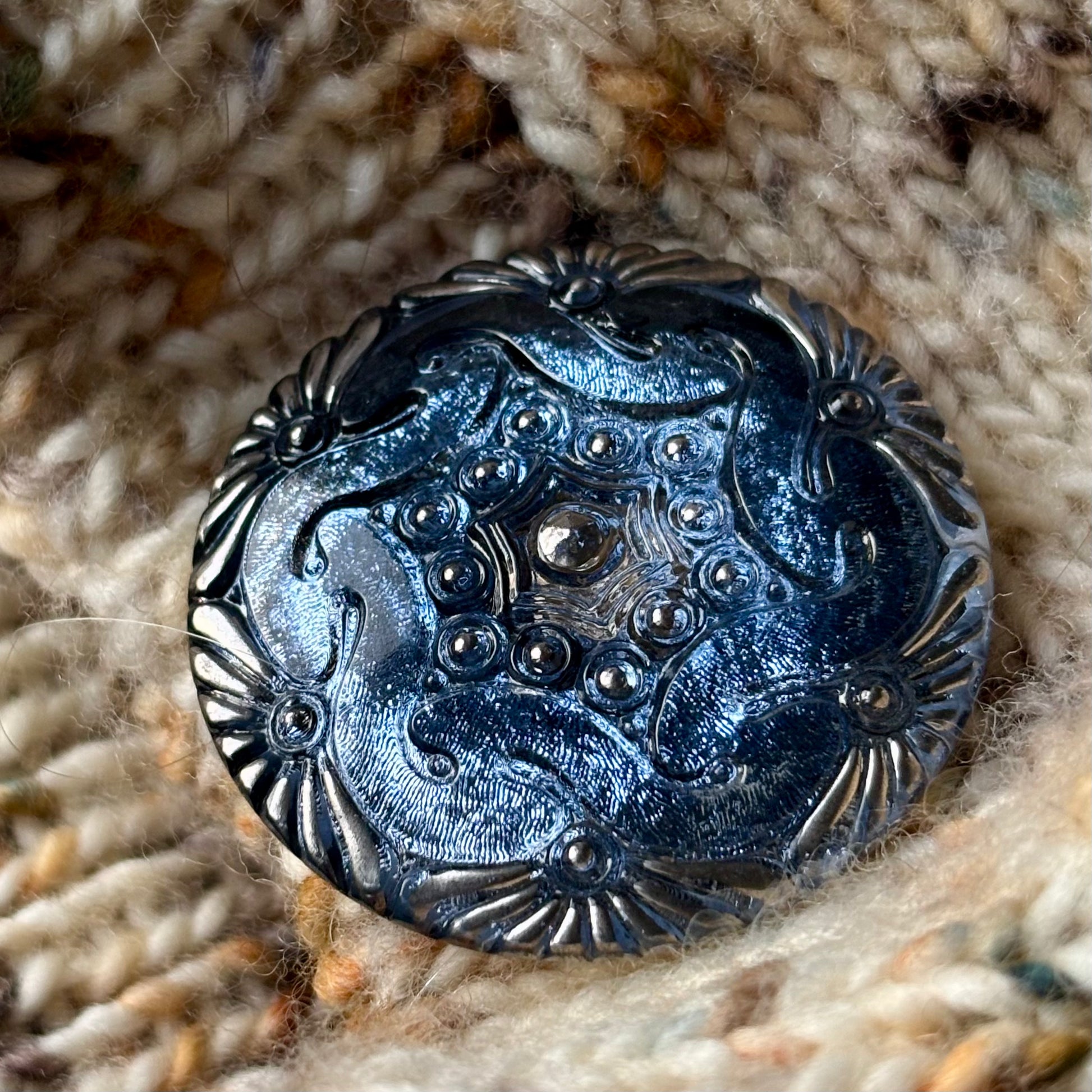 glasknap 42mm blå sølv 