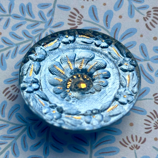 glasknap blå 32mm med guld dekoration 