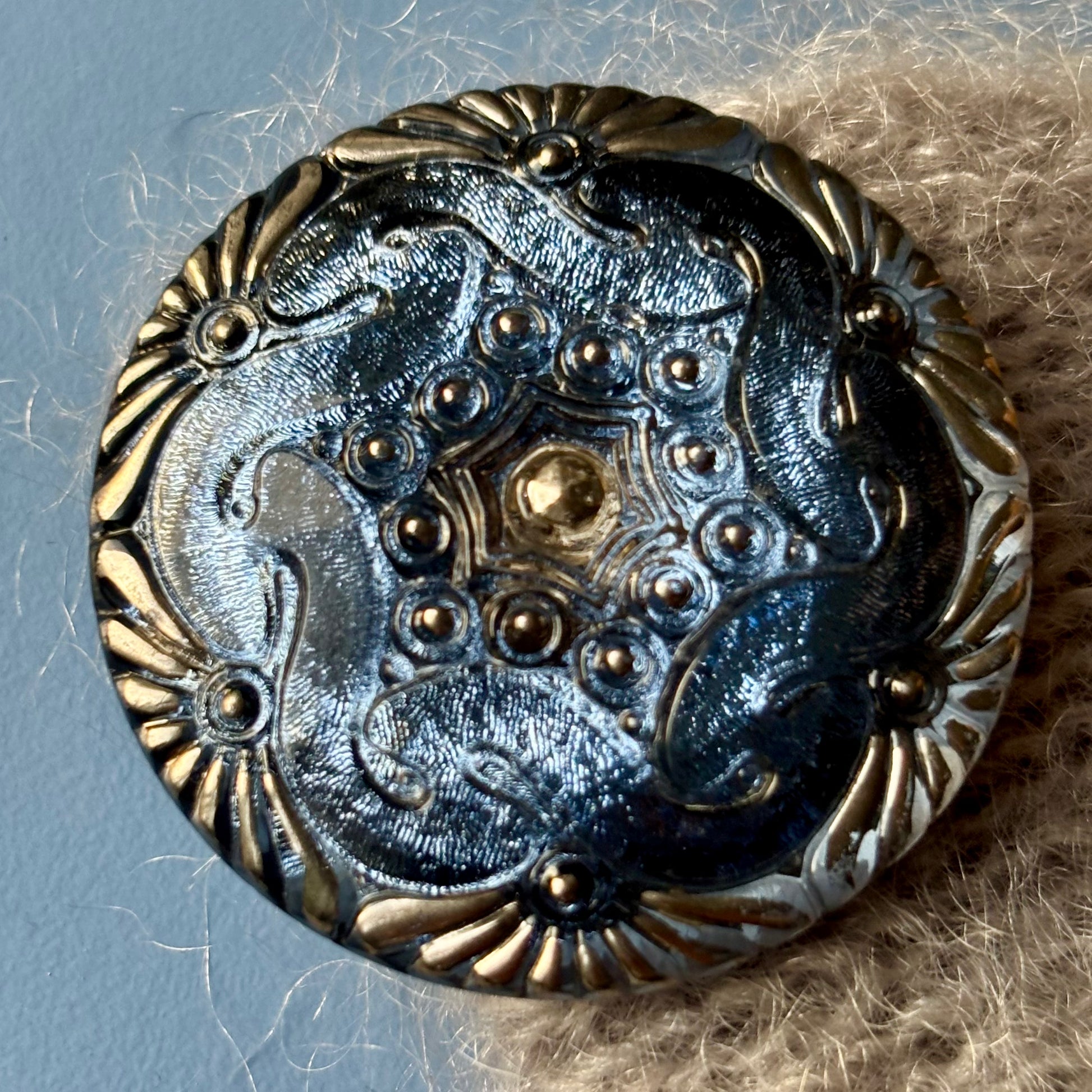 glasknap 42mm blå sølv 