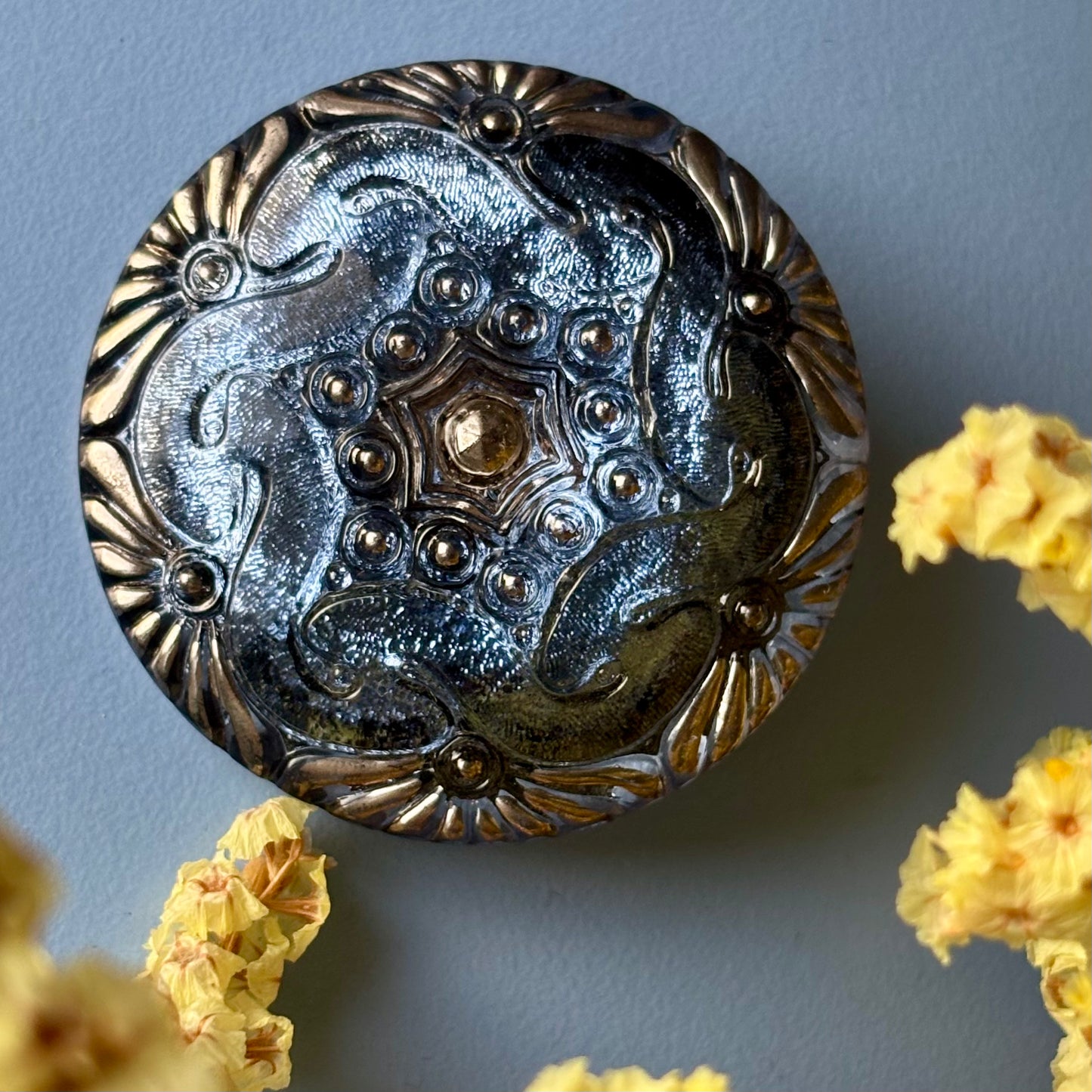 glasknap 42mm blå sølv 