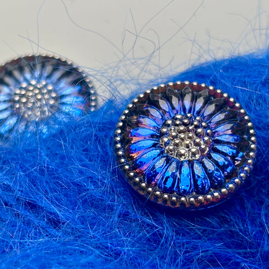 solsikke glasknap 22mm blå sølv 